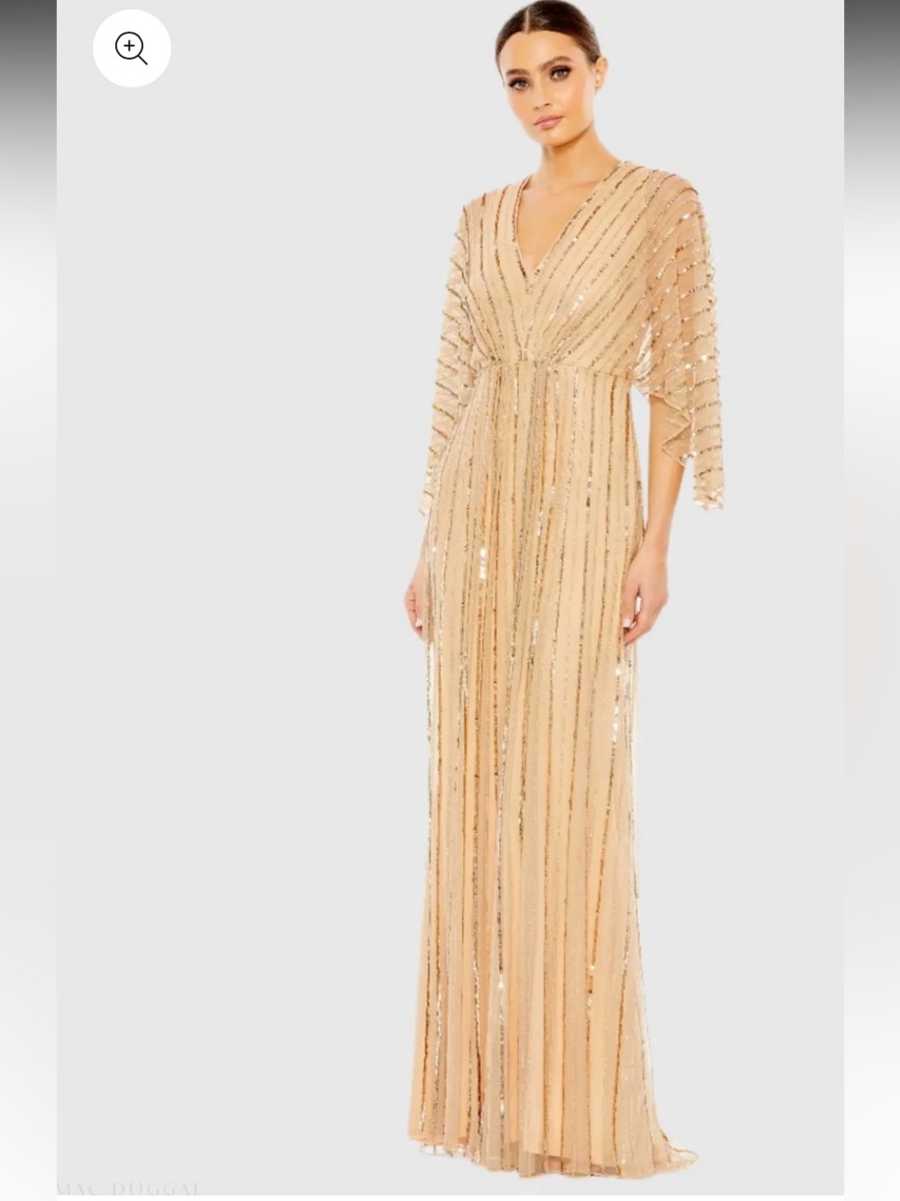 NWT Mac Duggal Taupe Beaded Striping Kimono Sleeve V Neck Gown 16